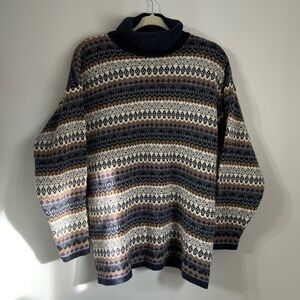 Longsleeve Navy Wool Blend Knit Fairisle Mens Sz S Oversized Turtleneck Sweater